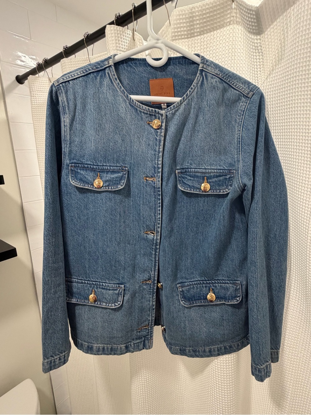 Anine Bing Blue Denim Round-Neck Jacket with Gold Buttons